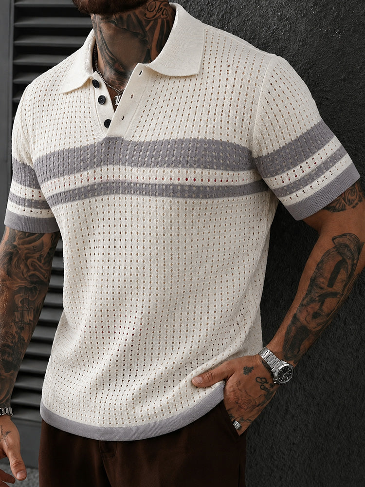 Openwork Mesh Button Collared Casual Polo Shirt