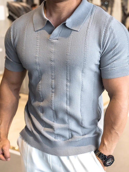 V-Neck Collar Vertical Cable Textured Ice Silk Casual Tee