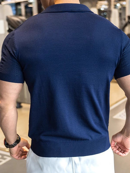 V-Neck Collar Vertical Cable Textured Ice Silk Casual Tee