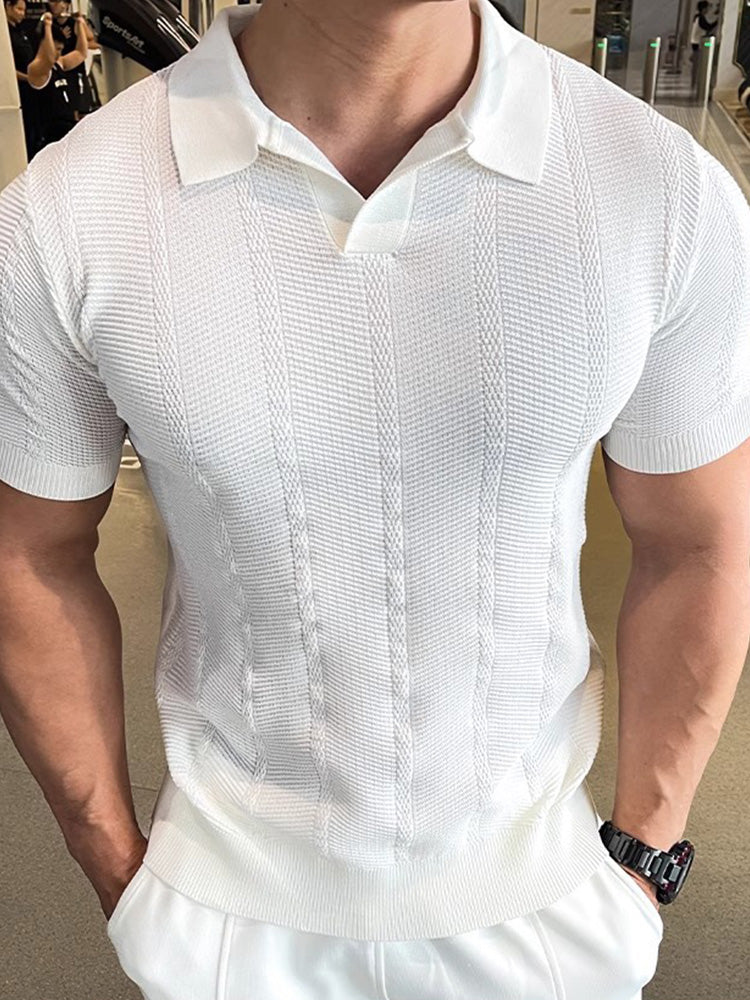 V-Neck Collar Vertical Cable Textured Ice Silk Casual Tee