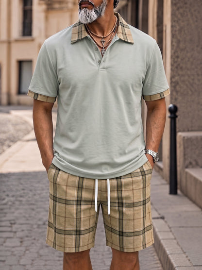 Men's Contrast Collar Plaid Polo Shorts Set