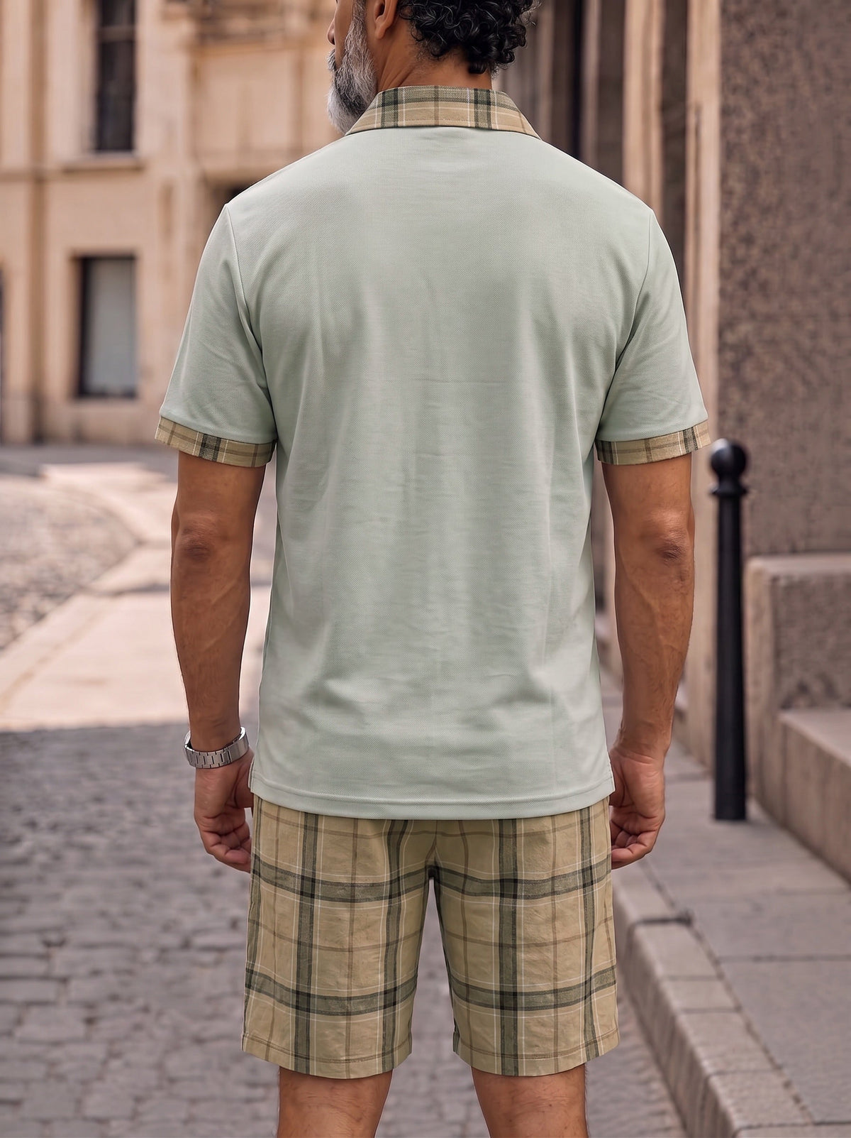 Men's Contrast Collar Plaid Polo Shorts Set