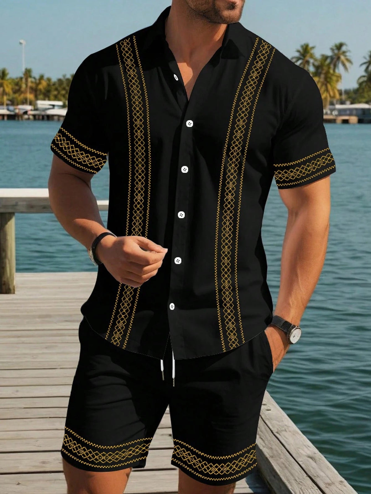 Men's Ethnic Print Shirt and Shorts Set