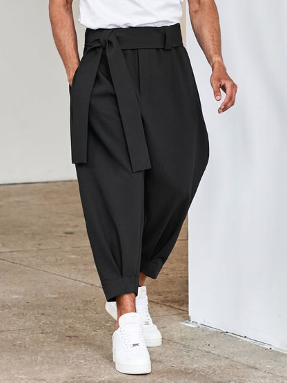 Belted Pleated Wide Leg Cropped Dress Harem Pants