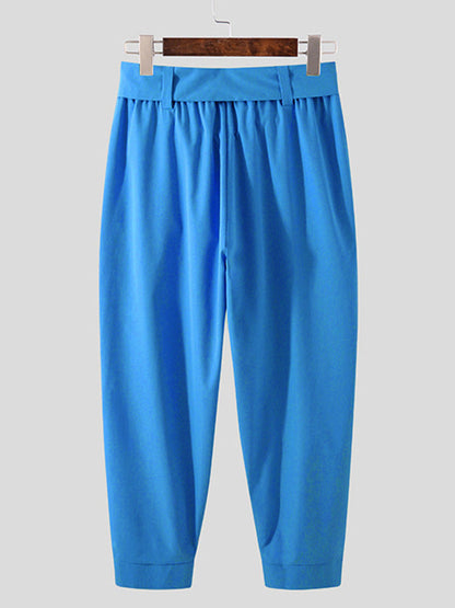 Belted Pleated Wide Leg Cropped Dress Harem Pants