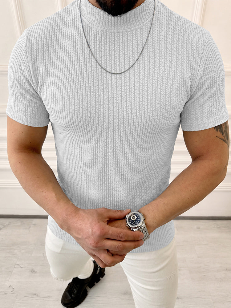 Mock Neck Vertical Cable Knit Short Sleeve T-Shirt