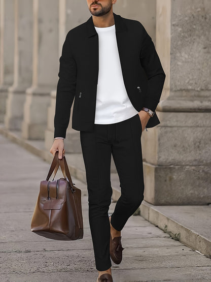 Modern Smart Casual Plaid Zip Jacket and Slim Pants Set