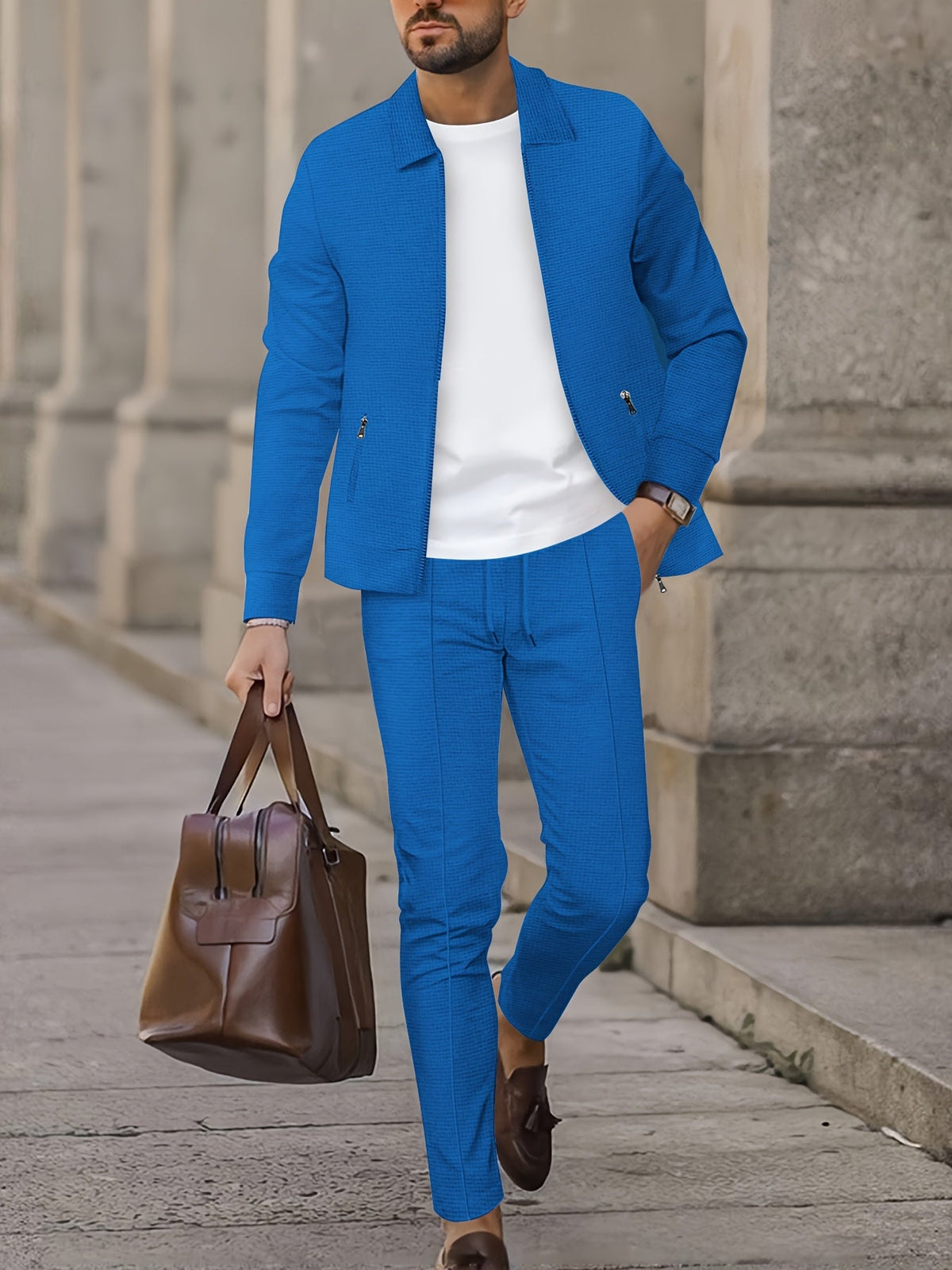 Modern Smart Casual Plaid Zip Jacket and Slim Pants Set