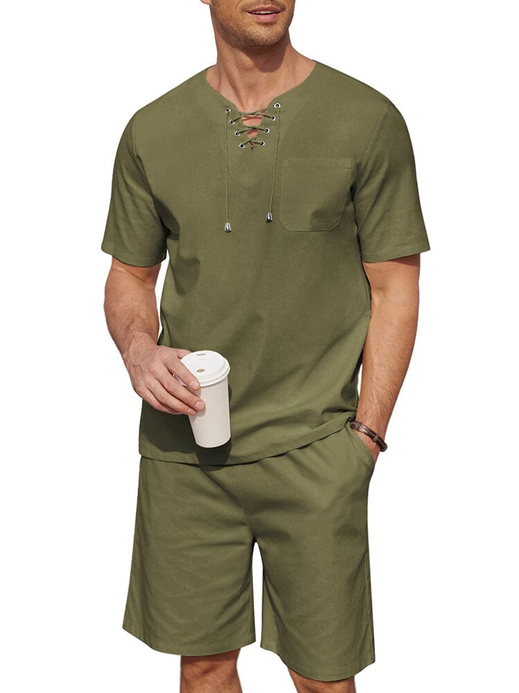 Casual Cotton Linen Lace Up Shirt Set (US Only)