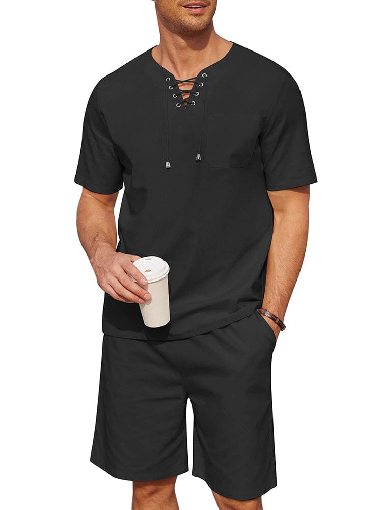 Casual Cotton Linen Lace Up Shirt Set (US Only)