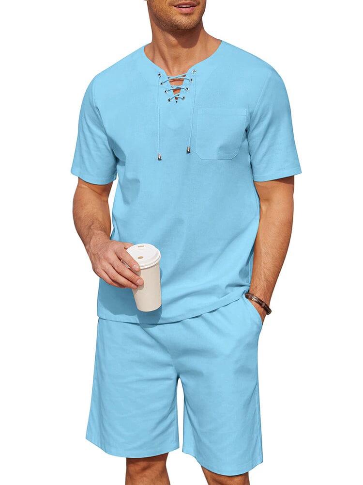 Casual Cotton Linen Lace Up Shirt Set (US Only)