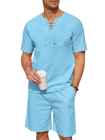 Casual Cotton Linen Lace Up Shirt Set (US Only)