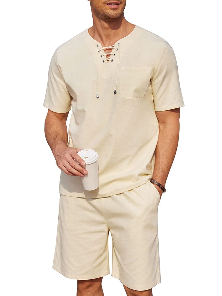Casual Cotton Linen Lace Up Shirt Set (US Only)