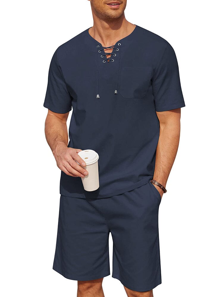 Casual Cotton Linen Lace Up Shirt Set (US Only)