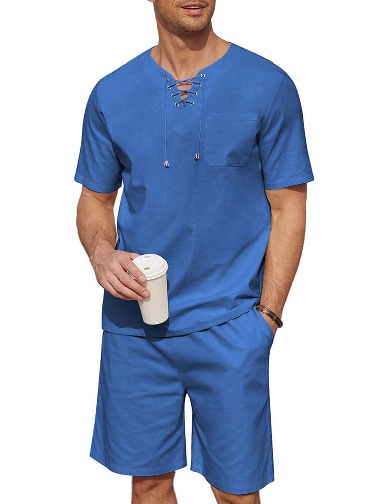 Casual Cotton Linen Lace Up Shirt Set (US Only)