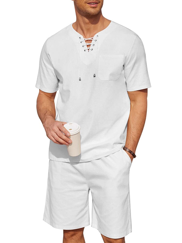 Casual Cotton Linen Lace Up Shirt Set (US Only)